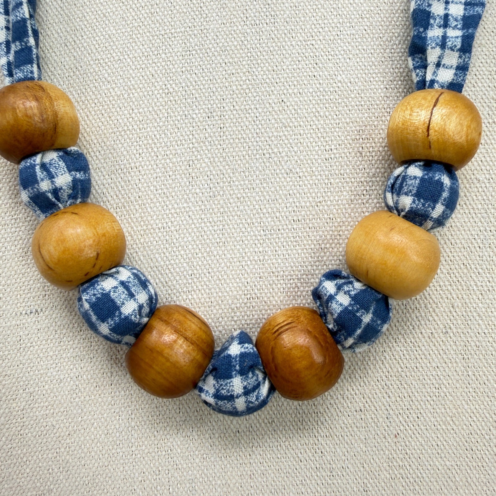 Blue Gingham Fabric Tie Necklace with Natural Wood Beads Cottagecore Vintage 80s