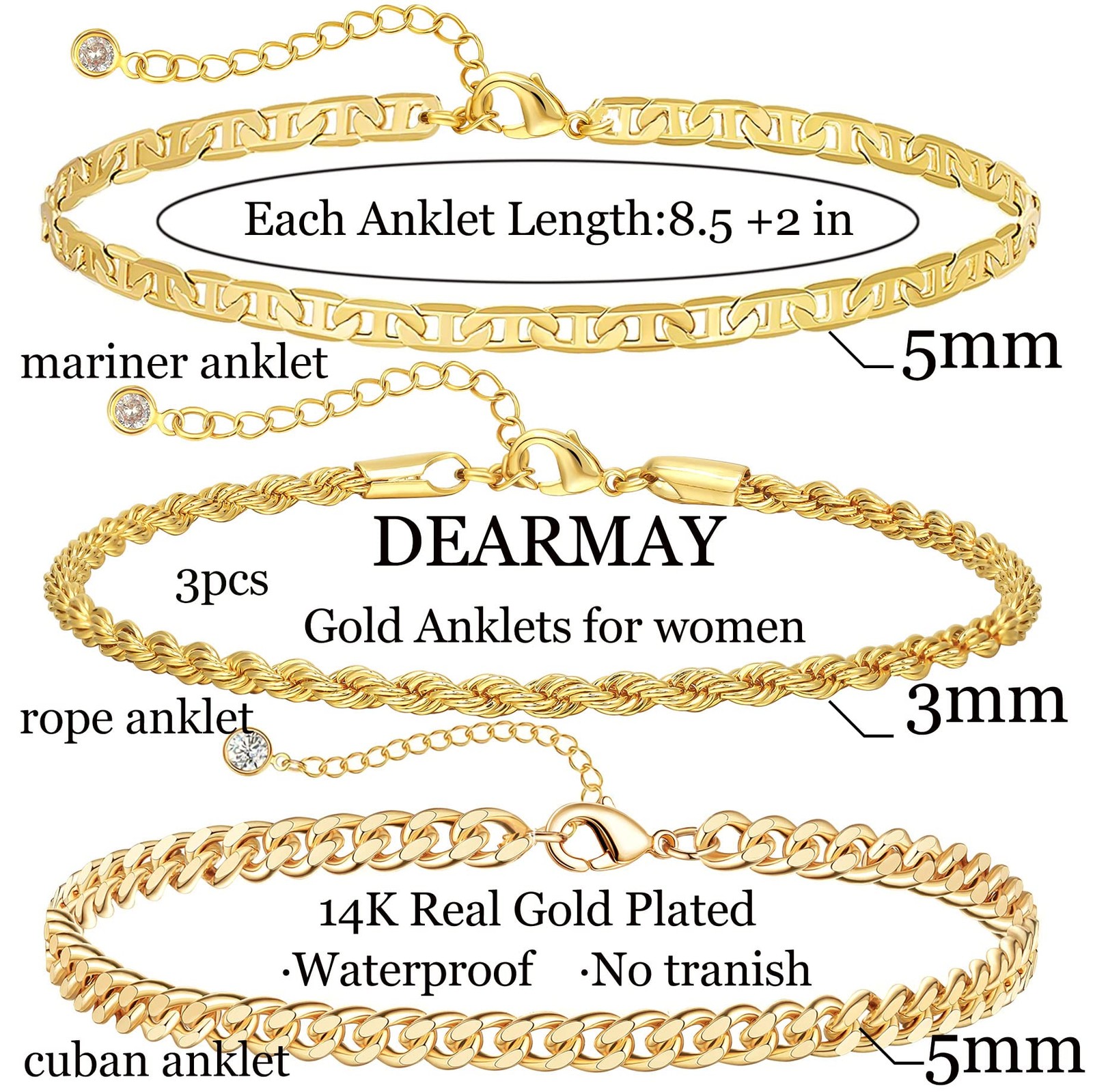 DEARMAY 14K Gold Plated Ankle Bracelets for Women Anklets Herringbone Cuban L…