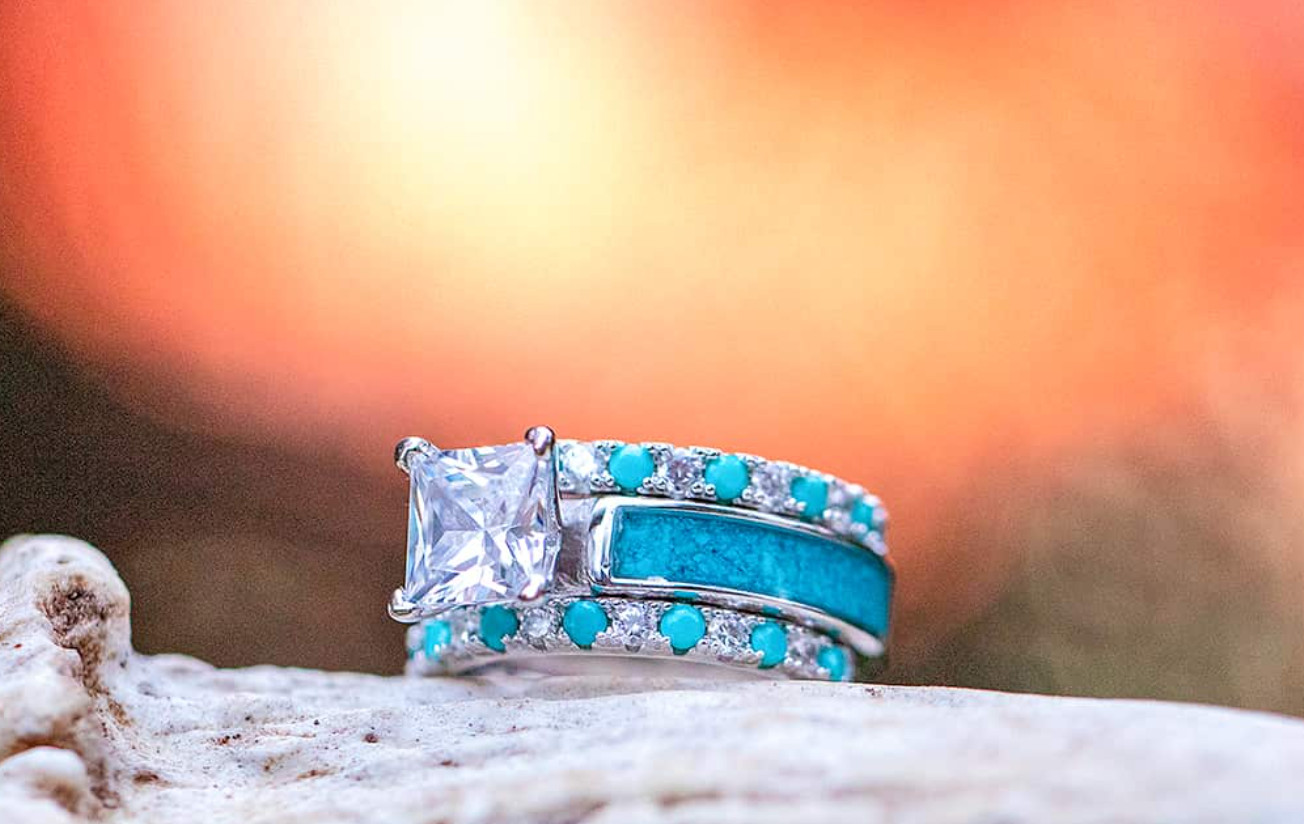 3pc Bohemian Style Antler Stacking Rings 925S Plated Inlaid Turquoise Sz 7-11