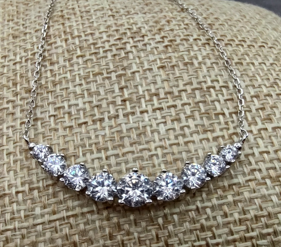 Estate Jacmel JCM Sterling Silver Graduated Curved Bar CZ Necklace 18″ QVC