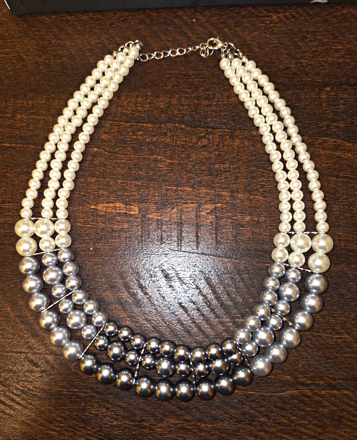 Multi-Strand Gray White Faux Pearl Beaded Statement Necklace Lobster Clasp