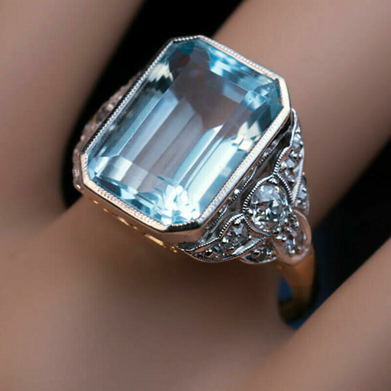 Elegant 925 Sterling Silver Blue White Topaz Wedding Engagement Ring Size 9