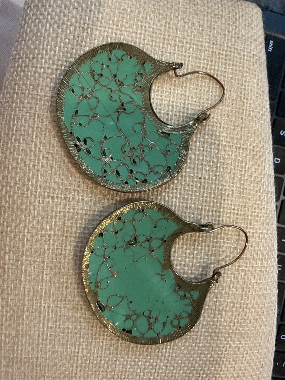 Teal Green Enamel Filigree Lace Lg Lightweight Dangle Earrings Circle Boho 2.25″