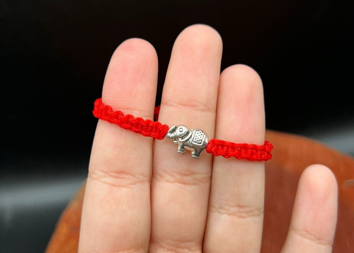 Baby Kids Sizes Red Thread Macrame Bracelet with Brass Plated Elephant Charm