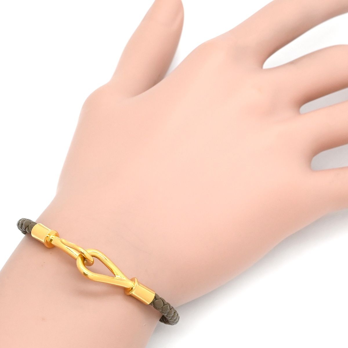 HERMES Jumbo Braided Leather Bracelet Etoupe Gold GP 17cm 6.7in Pre-owned
