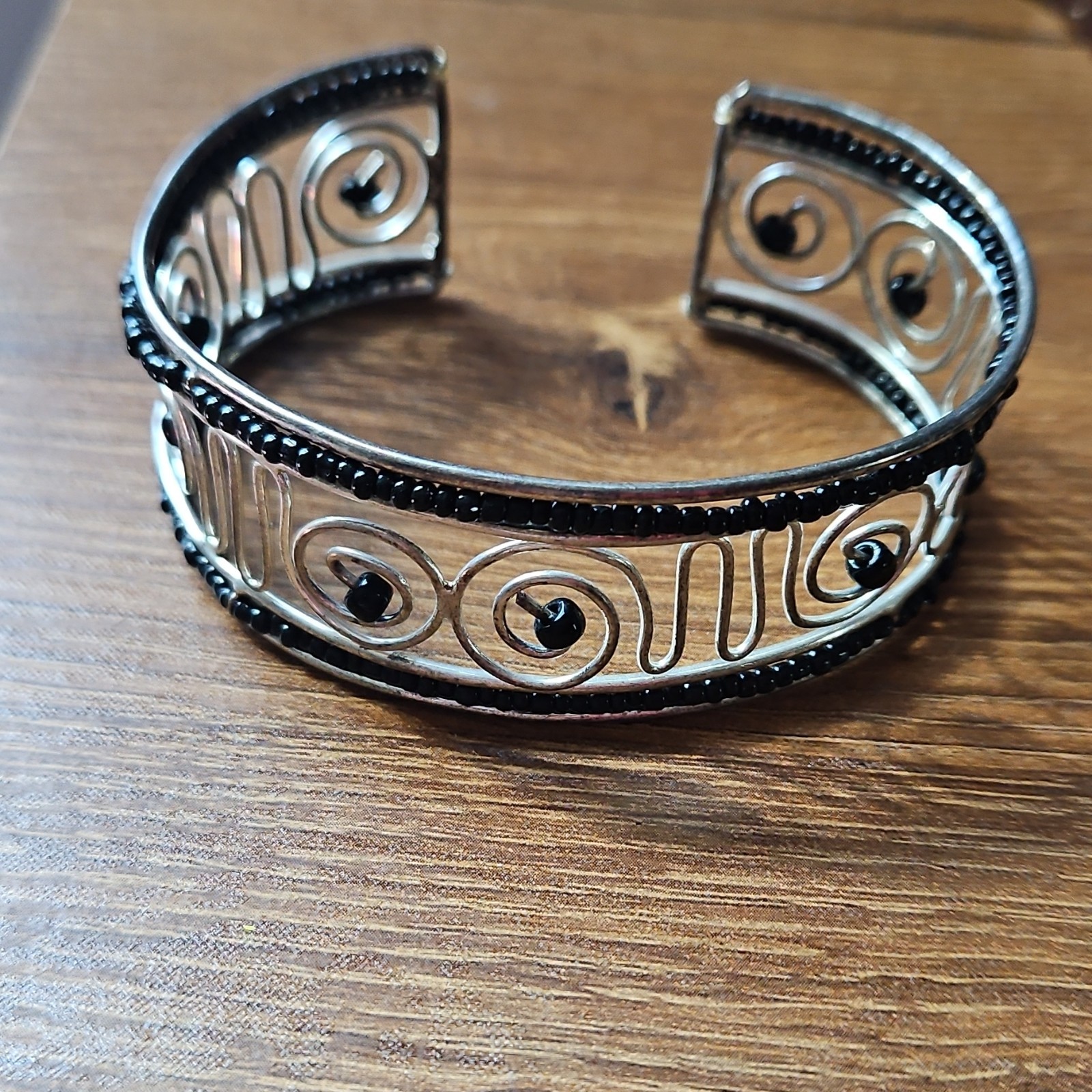 Adjustable Silver Black Metal Wire Cuff Bracelet, Sizable, Less Than 8 in