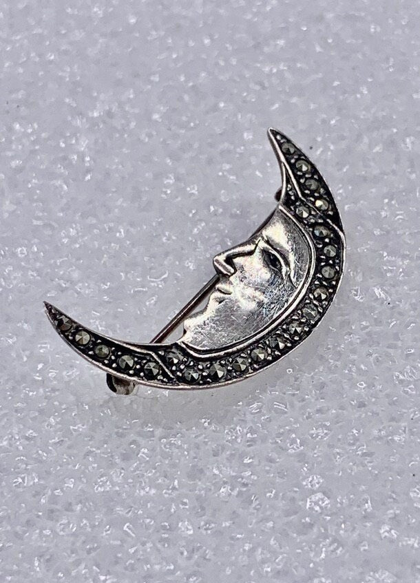 Sterling Silver CRESCENT Moon Pin Marcasite Moon Face Pin Approx 1.5″