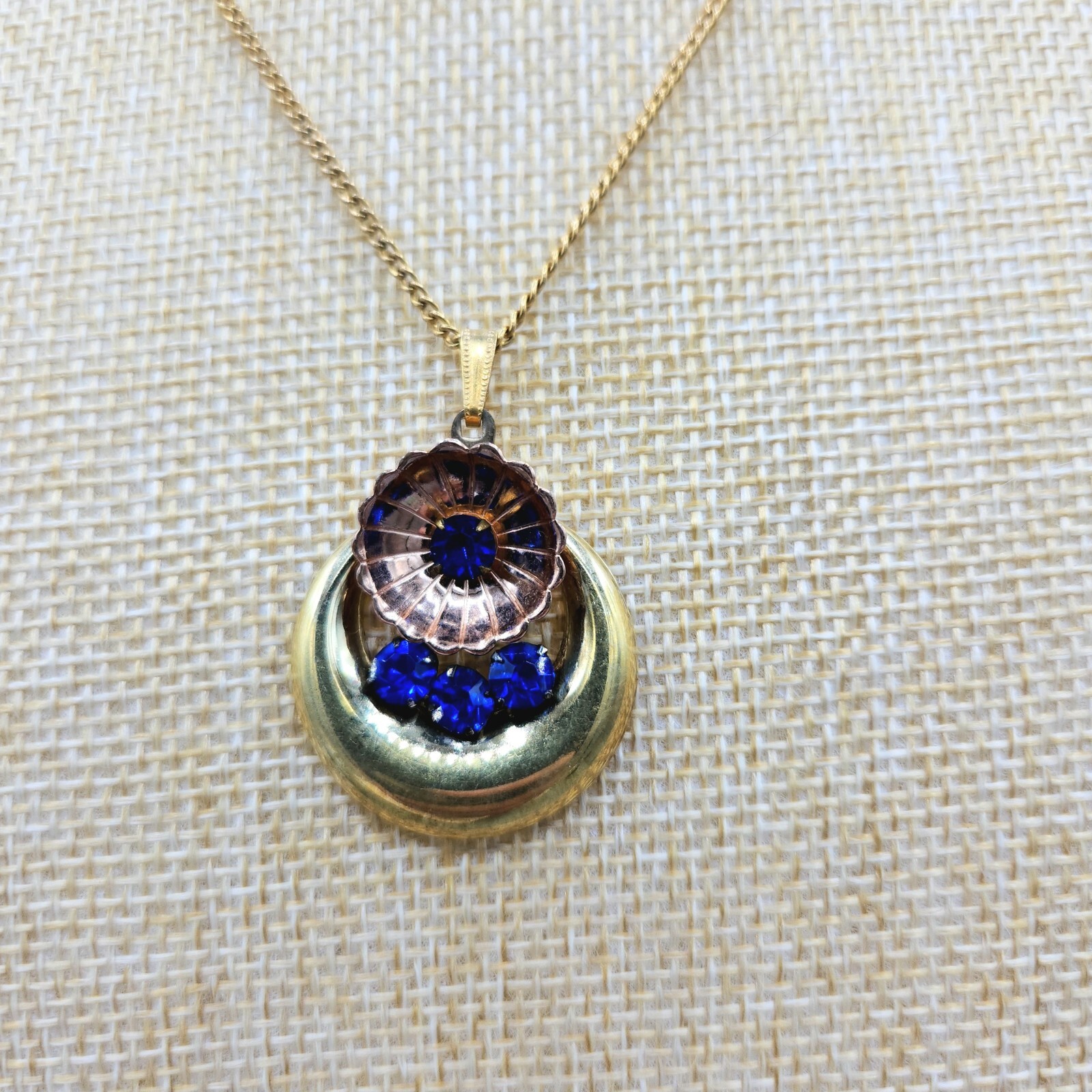 Early Harry Iskin Signed 12K Yellow & Rose GF Blue Rhinestone Necklace 18″