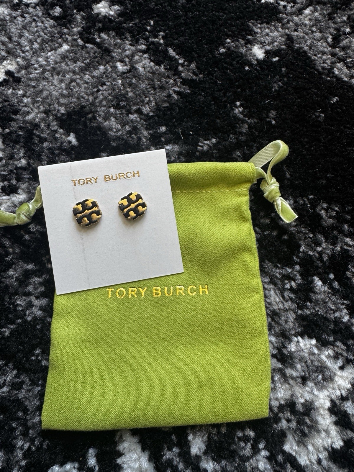 Tory Burch Square Logo Stud Earrings Black Enamel Gold Tone Metal Lobe
