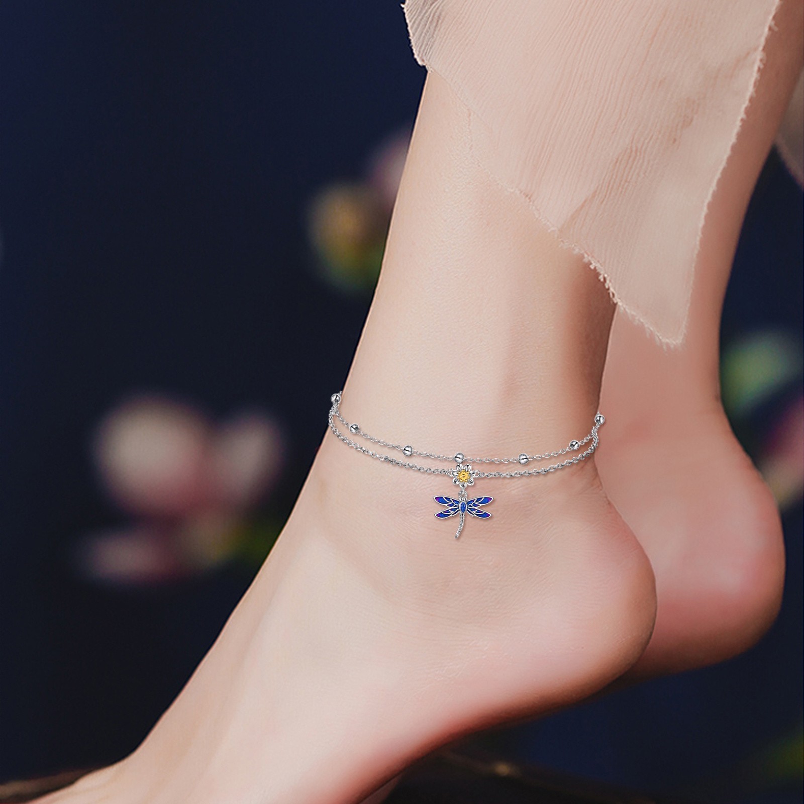 Dragonfly Anklet for Women Sterling Silver Layered Chain