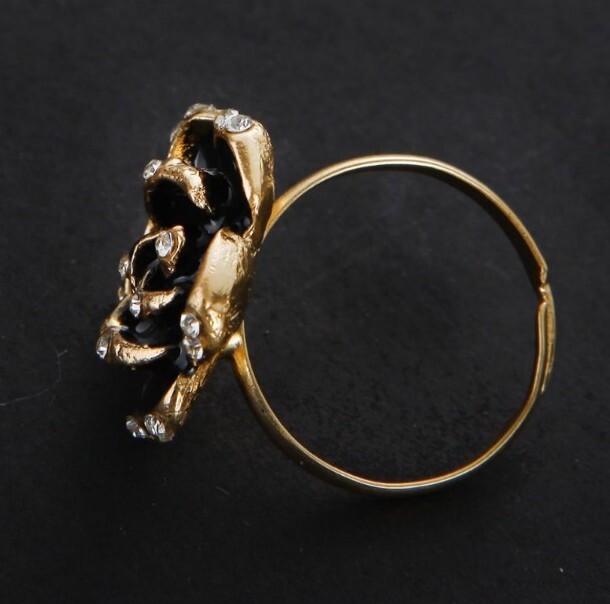 New Fashion Black Rose Crystal Rhinestone Adjustable Opening Ring Women Jewelry