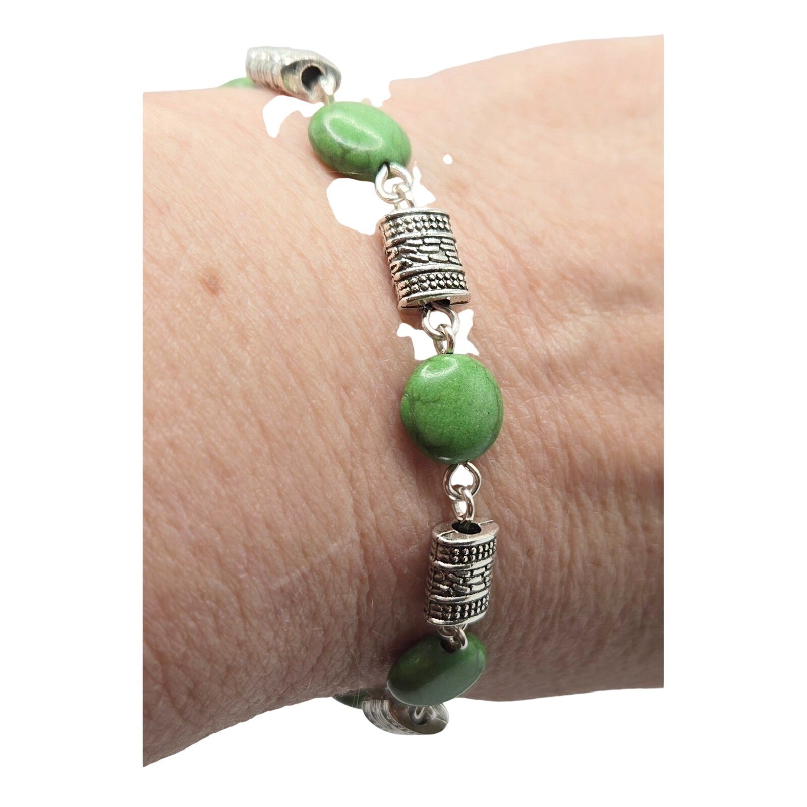 Handmade Boho Chic Bracelet Green Turquoise & Silver Barrel Link Art to Wear