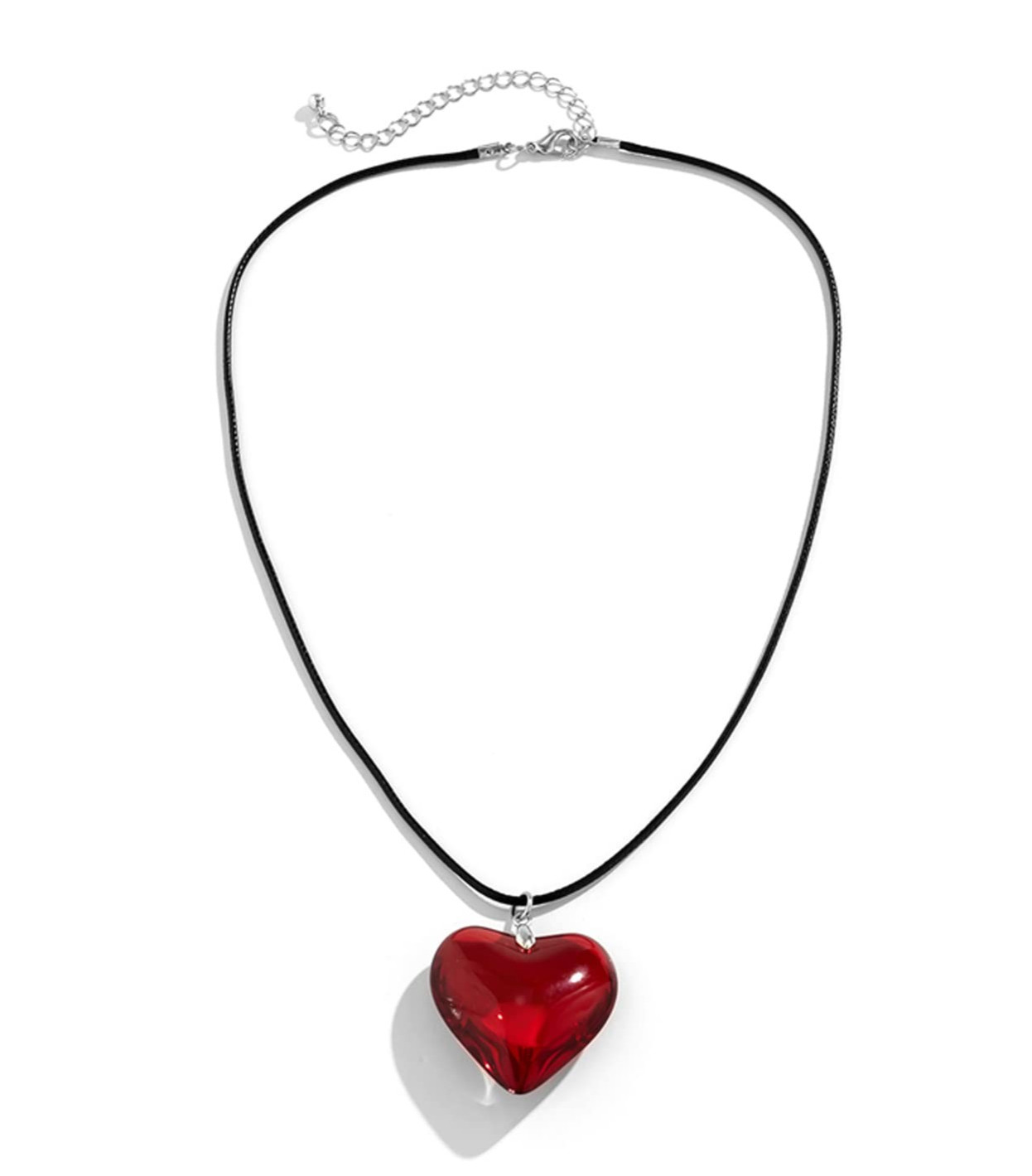Y2K Red Glass Heart Choker Necklace 1.4in Pendant Leather Rope for Women Girls