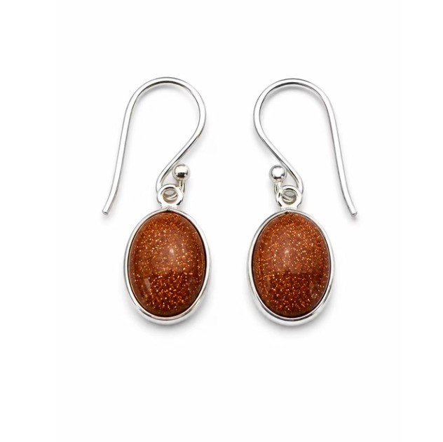 Goldstone Dangle Earrings Oval Sparkly Brown Gemstone Silver Jewelry Gift Her