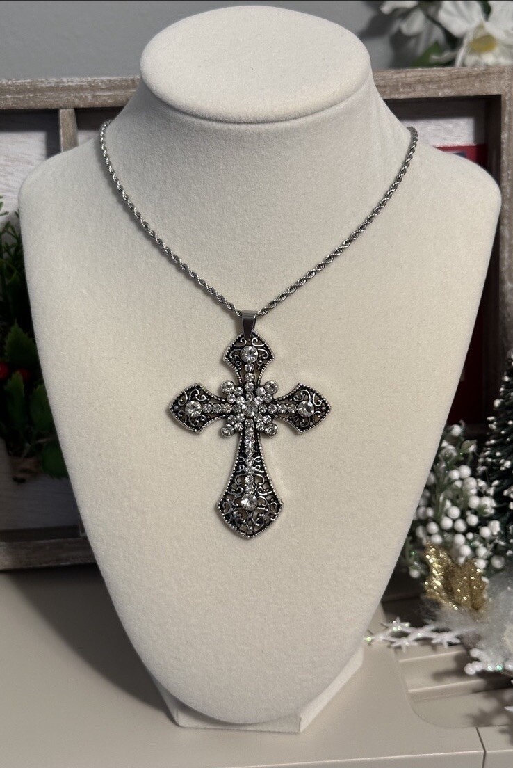 Large Victorian Cross Necklace Chain Silver Religious Gothic Grunch Whimsgoth