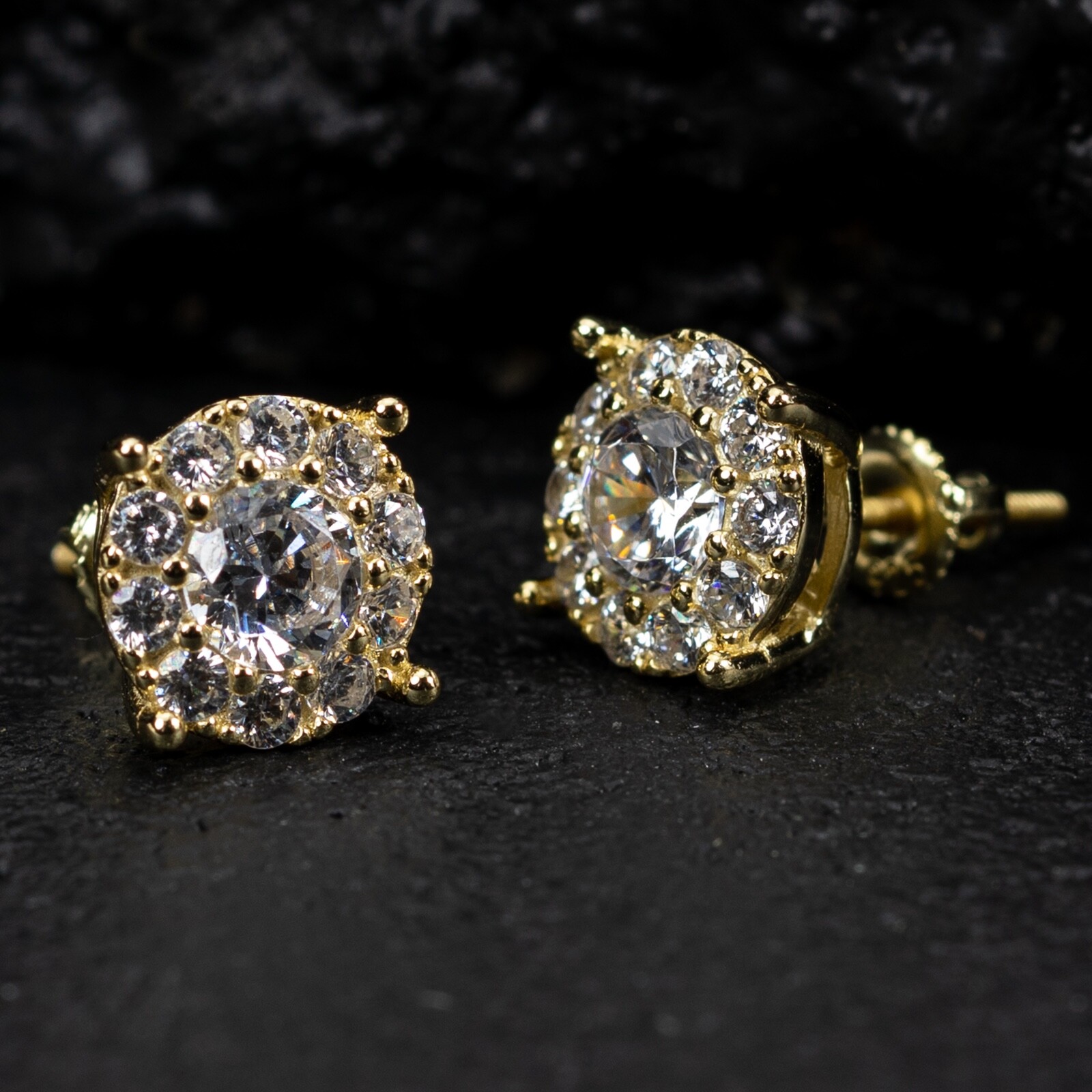 14K Gold Plated Men’s Hip Hop Iced Cluster 925 Sterling Silver Stud Earrings