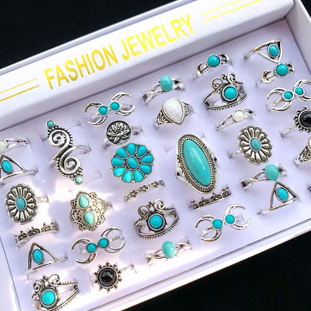 50pcs/lot Mix Bohemia Turquoise Vintage Rings Women Ethnic Silver Plated Jewelry