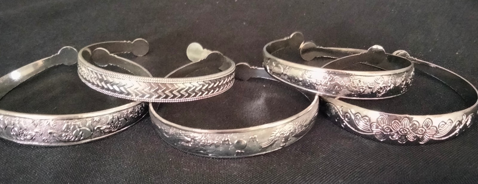 LOT of 5 Silver Tone Etched Engraved Metal Cuff/Bangle Bracelet