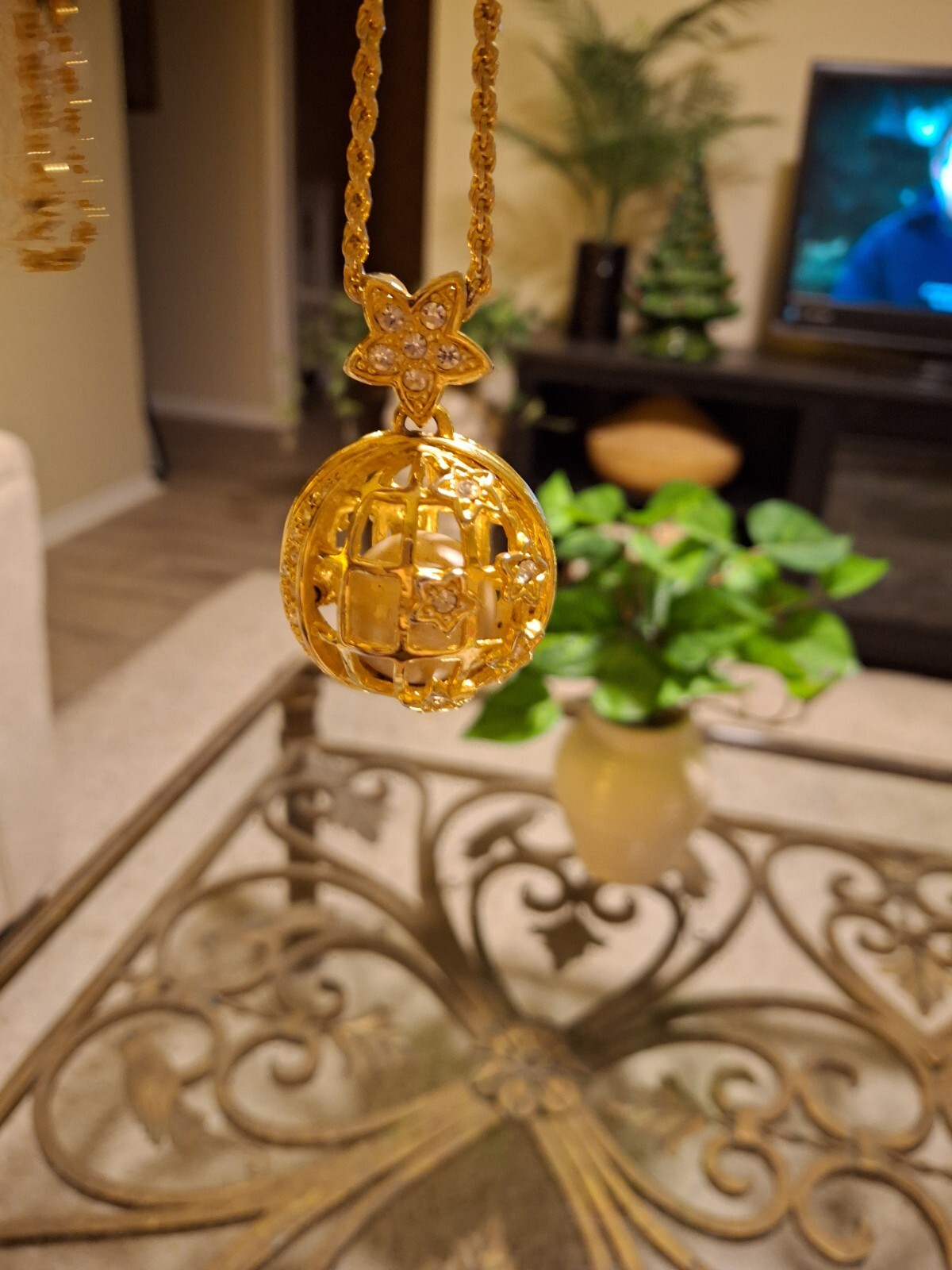 Dangle Pendant Ball Necklace Gold Color Over White Bead Globe Stars Rhinestones