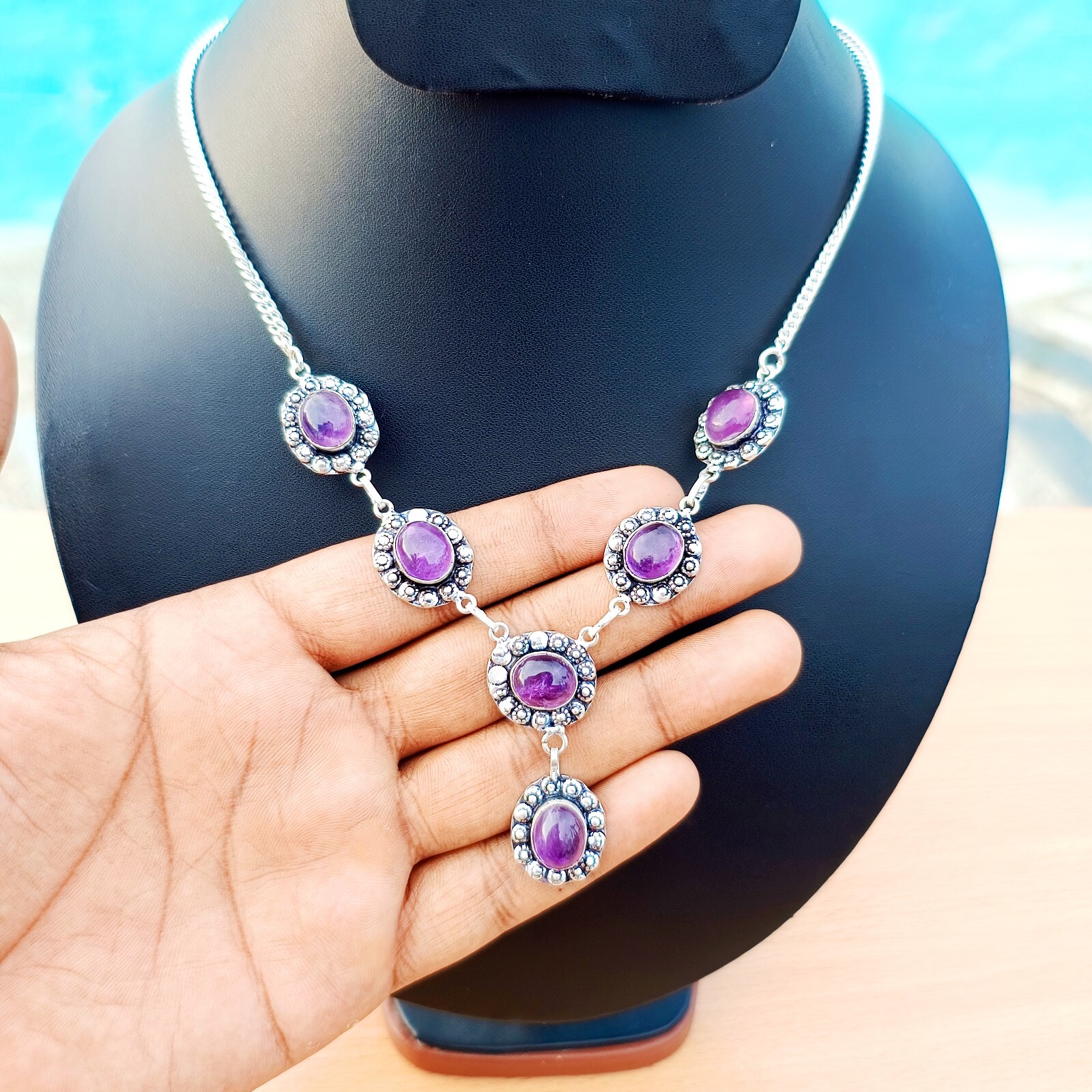 Amethyst Gemstone Necklace 925 Sterling Silver Handmade Birthstone Jewelry 20″