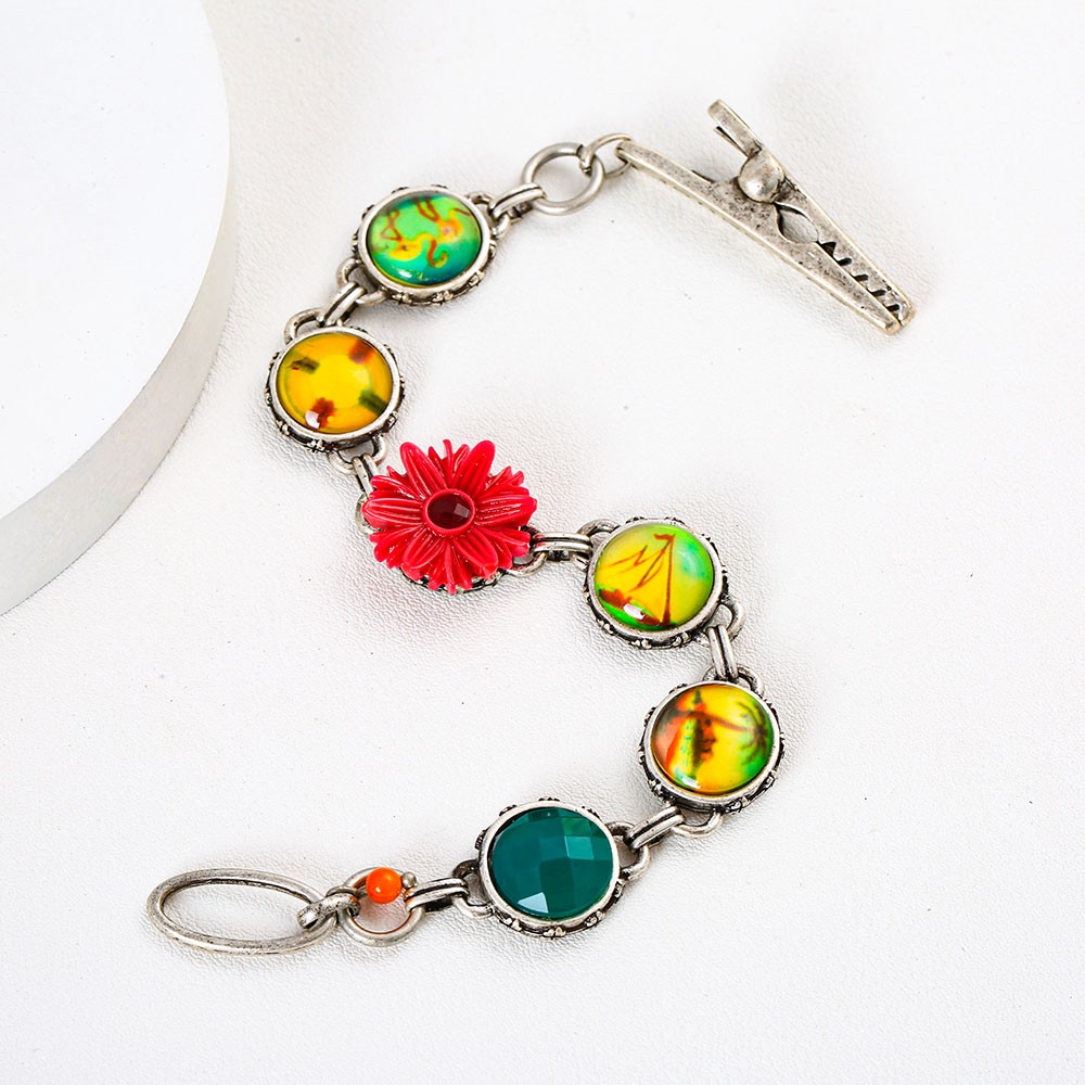 Tropical Holiday Floral Bracelet Multicolor Resin Stone Vintage Silver Jewelry