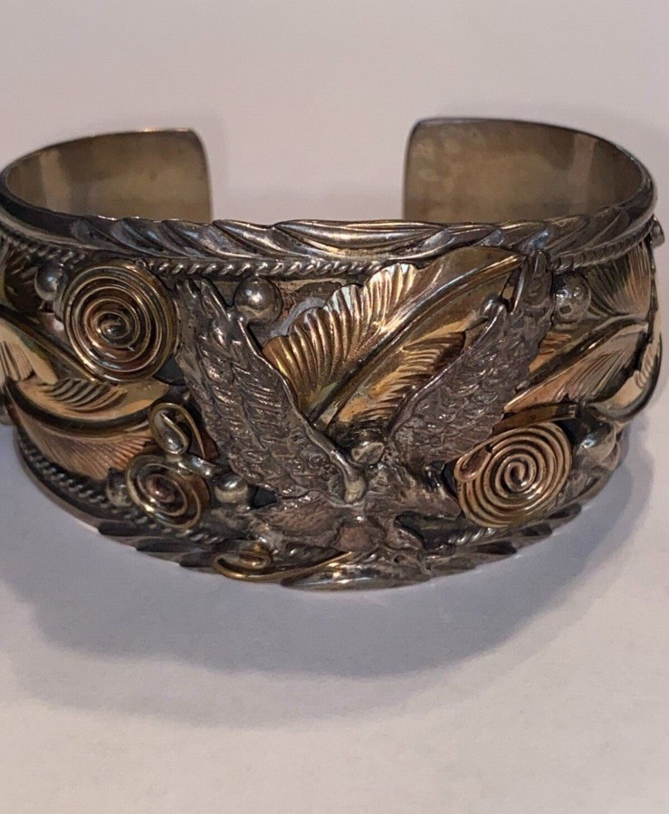 Two-Tone Silver & Gold Metal Eagle Motif Cuff Bracelet, Animal Theme