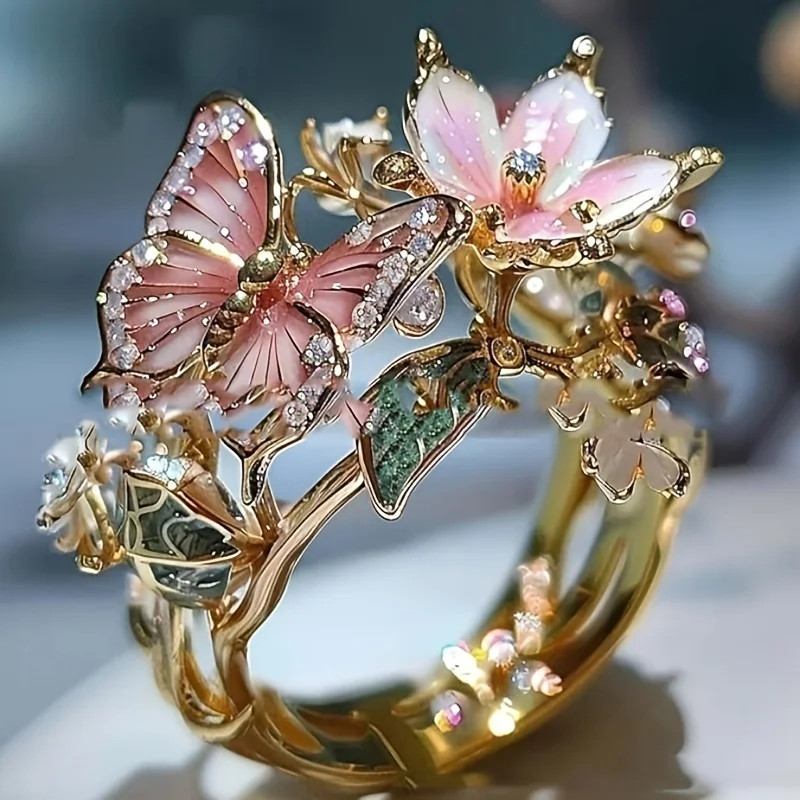 Flower Butterfly Ring Metallic Black Color Rhinestone Adjustable Open Band