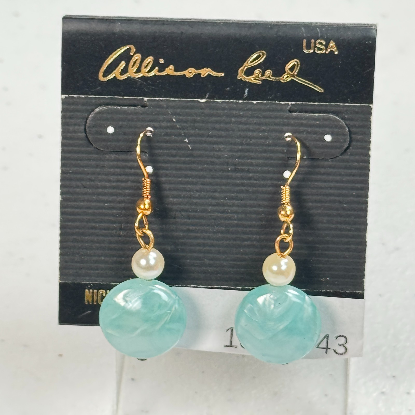 Vintage Pierced Earrings Allison Reed aqua Swirl Bead Faux Pearl Drop Dangle USA