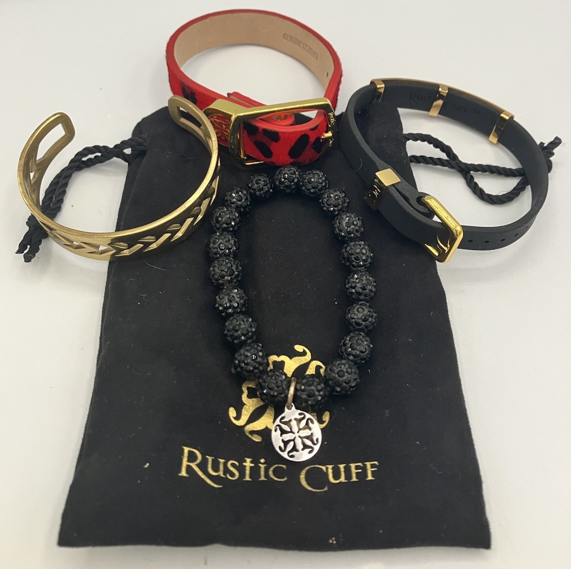 Rustic Cuff 4 Pc Bracelet Stack Red Haircalf Leather Gold Black Cuff Duo