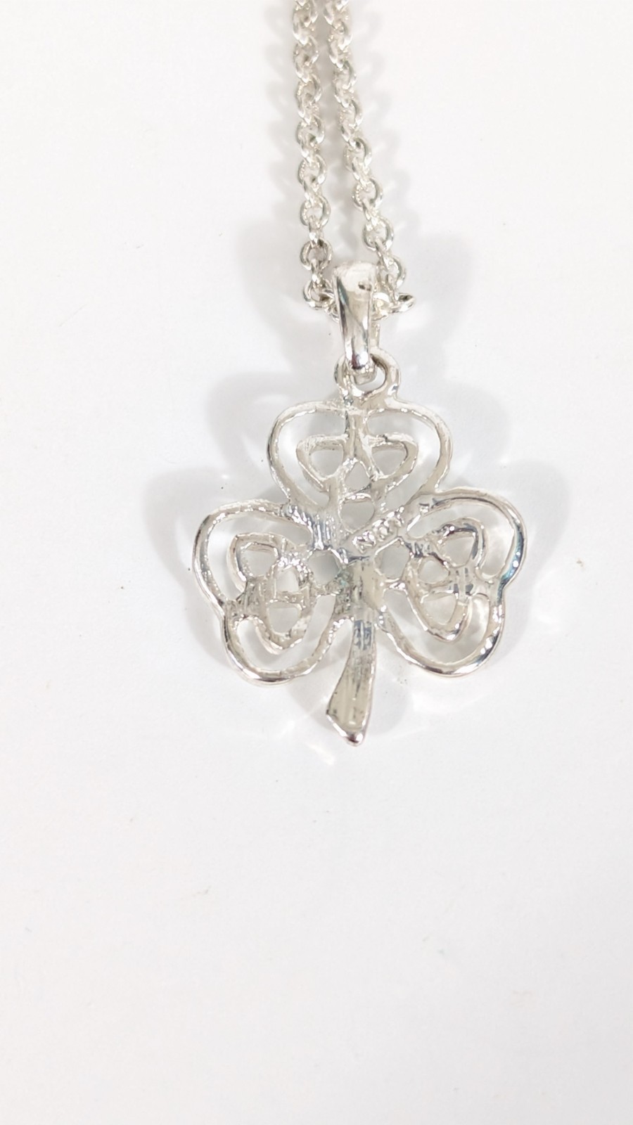 Celtic Knot Clover With Green Rhinestone Silver Toned Pendant Necklace