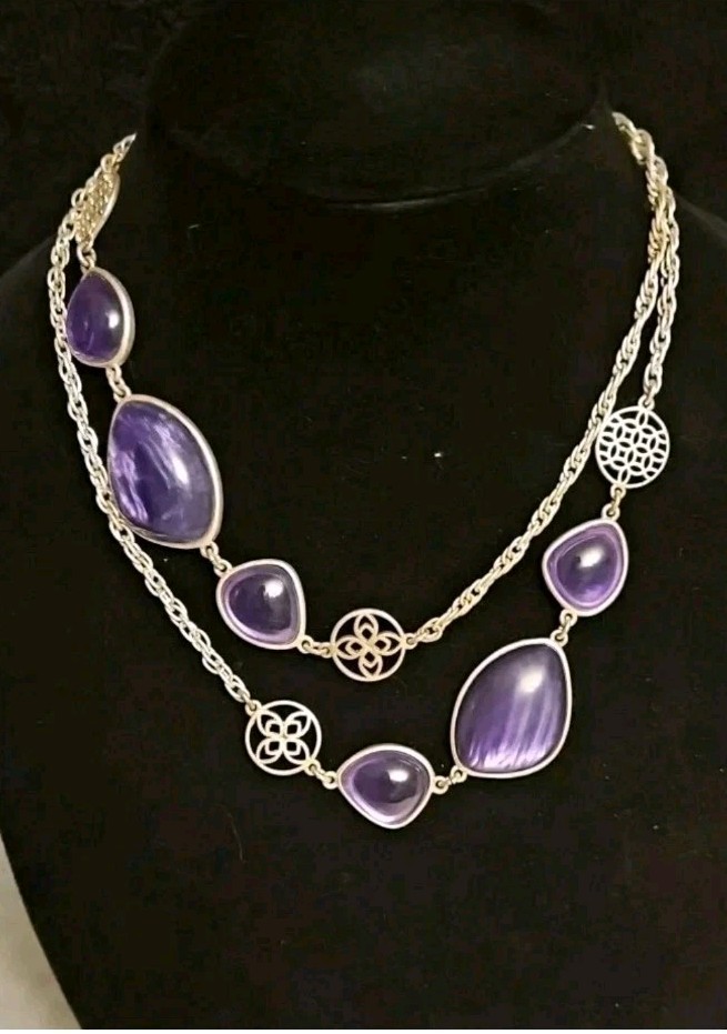 Bill Blass Silver Tone Chunky Necklace Purple Faux Stones 18″ EUC