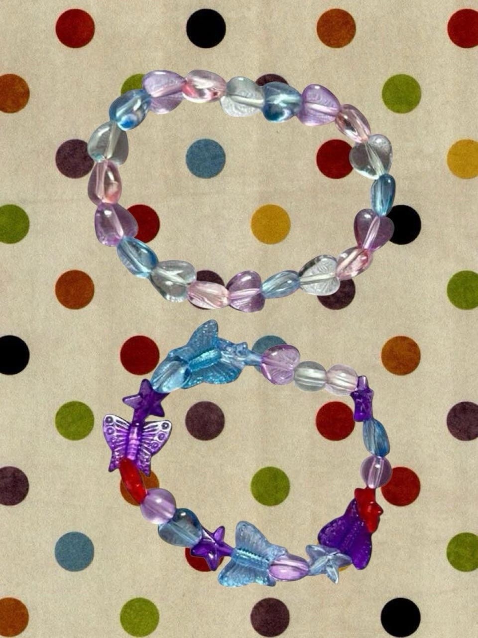 2 Multicolor Plastic Beaded Stretch Stackable Bracelets w/ Butterfly Charms