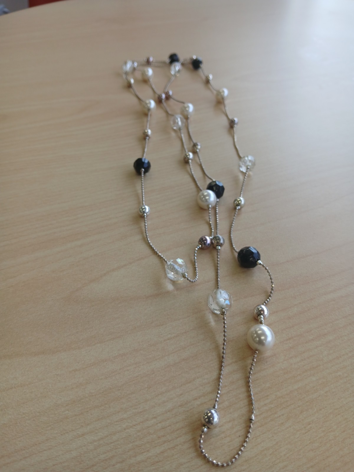 Silver Tone Beaded Necklace White Round Pearl Crystal Clear Black Ball/Bead