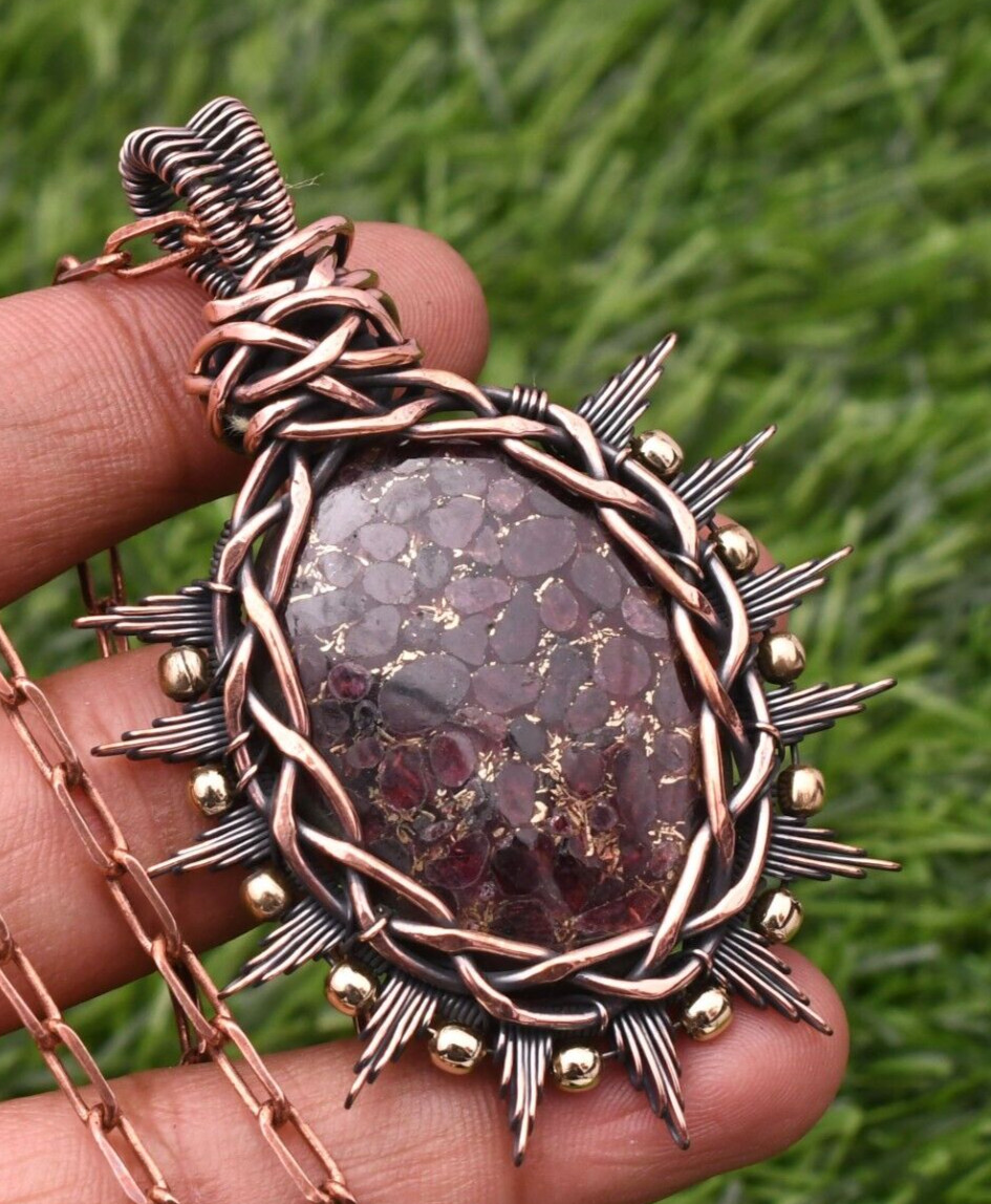 Copper Garnet Gemstone Copper Wire Wrap Handmade Jewelry Pendant 2.28″