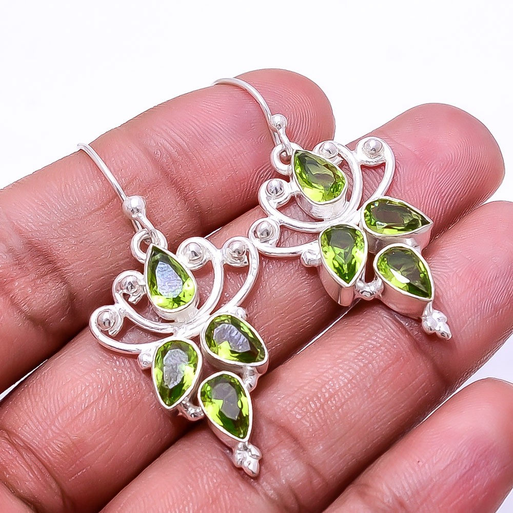 Peridot Multi Collet 925 Sterling Silver Earring 1.95″ E2, Christmas Gift