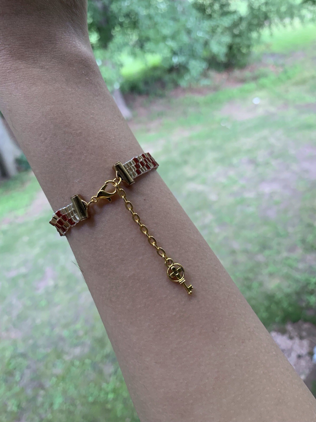 Gold Tone Red Beaded Cable Chain Bracelet | Lobster Clasp | Adjustable