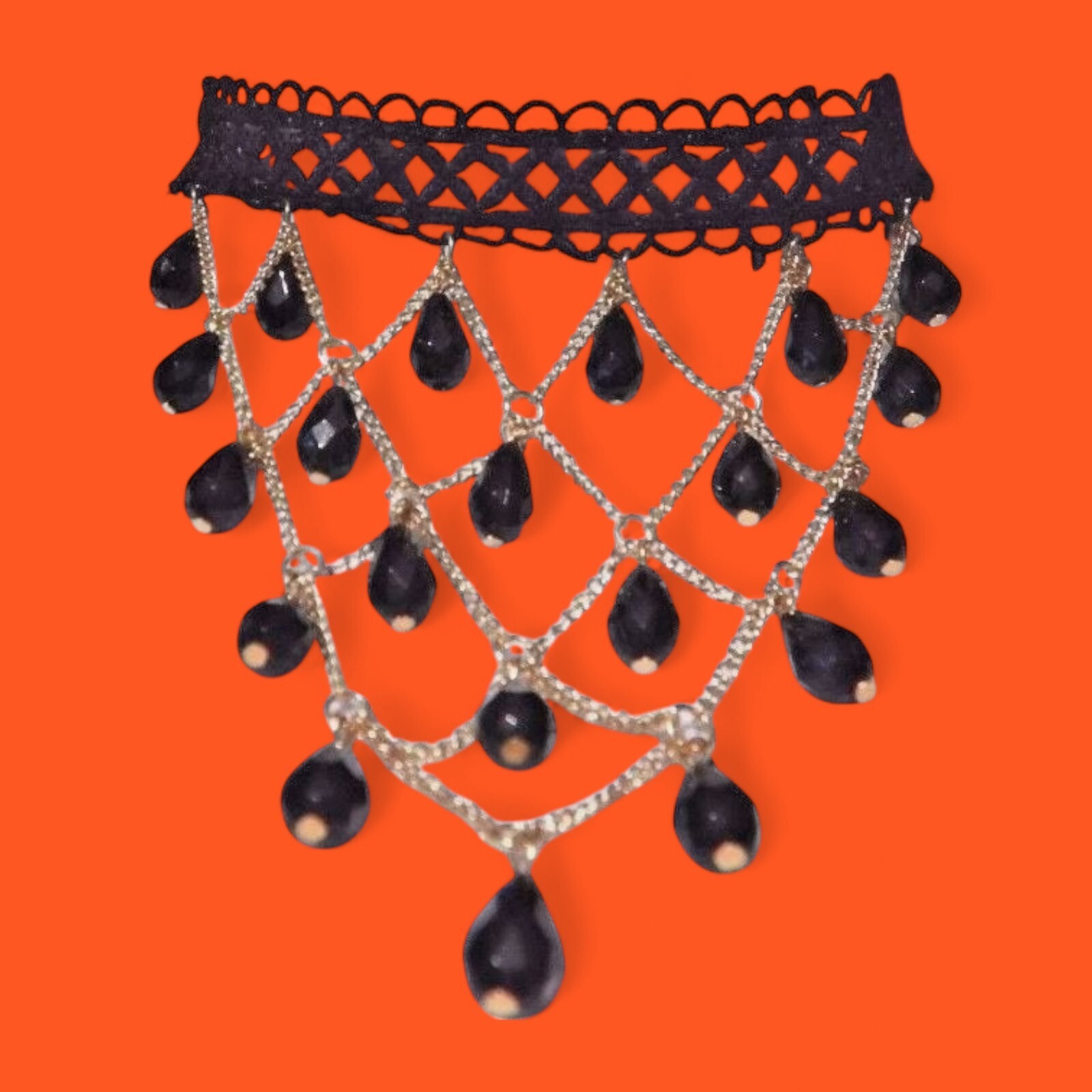 BLACK & GOLD FISHNET BIB CHOKER lace chain beaded gothic necklace new N3