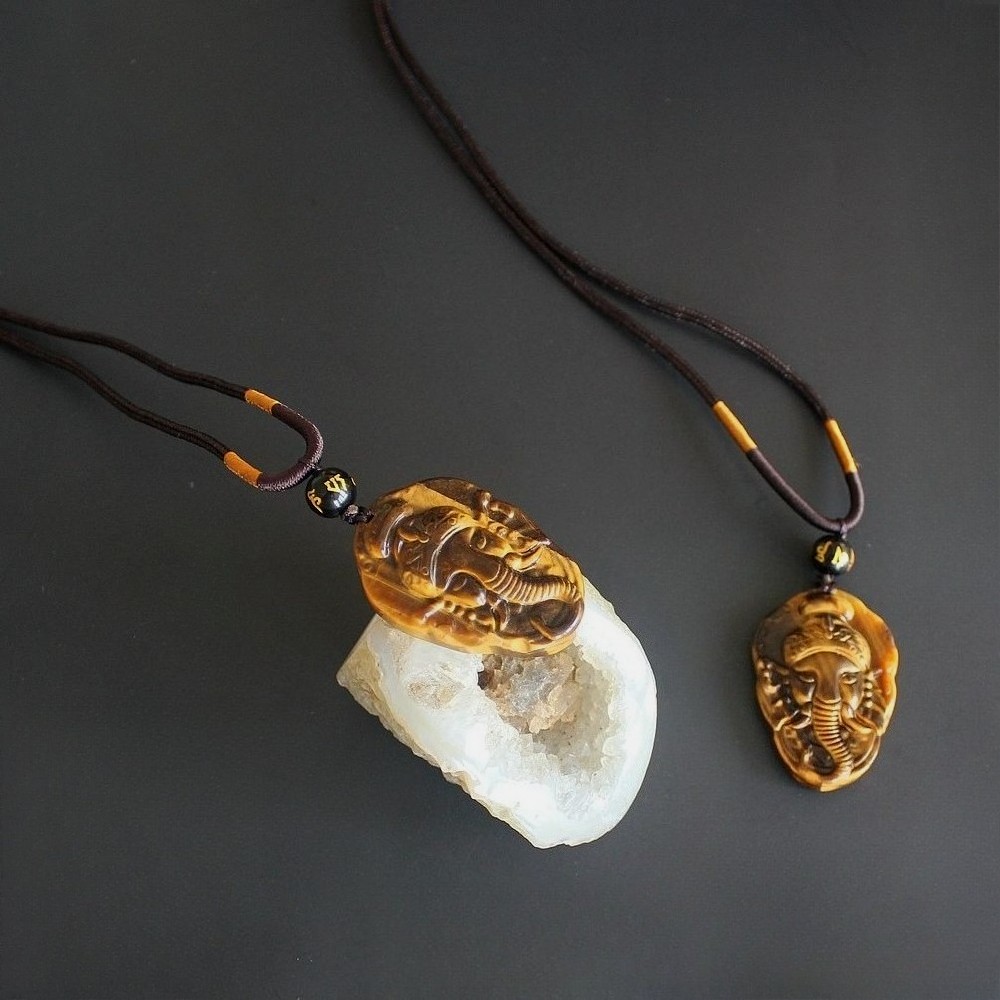 Natural crystal gold tiger eye Ganesha Necklace pendant with rope chain