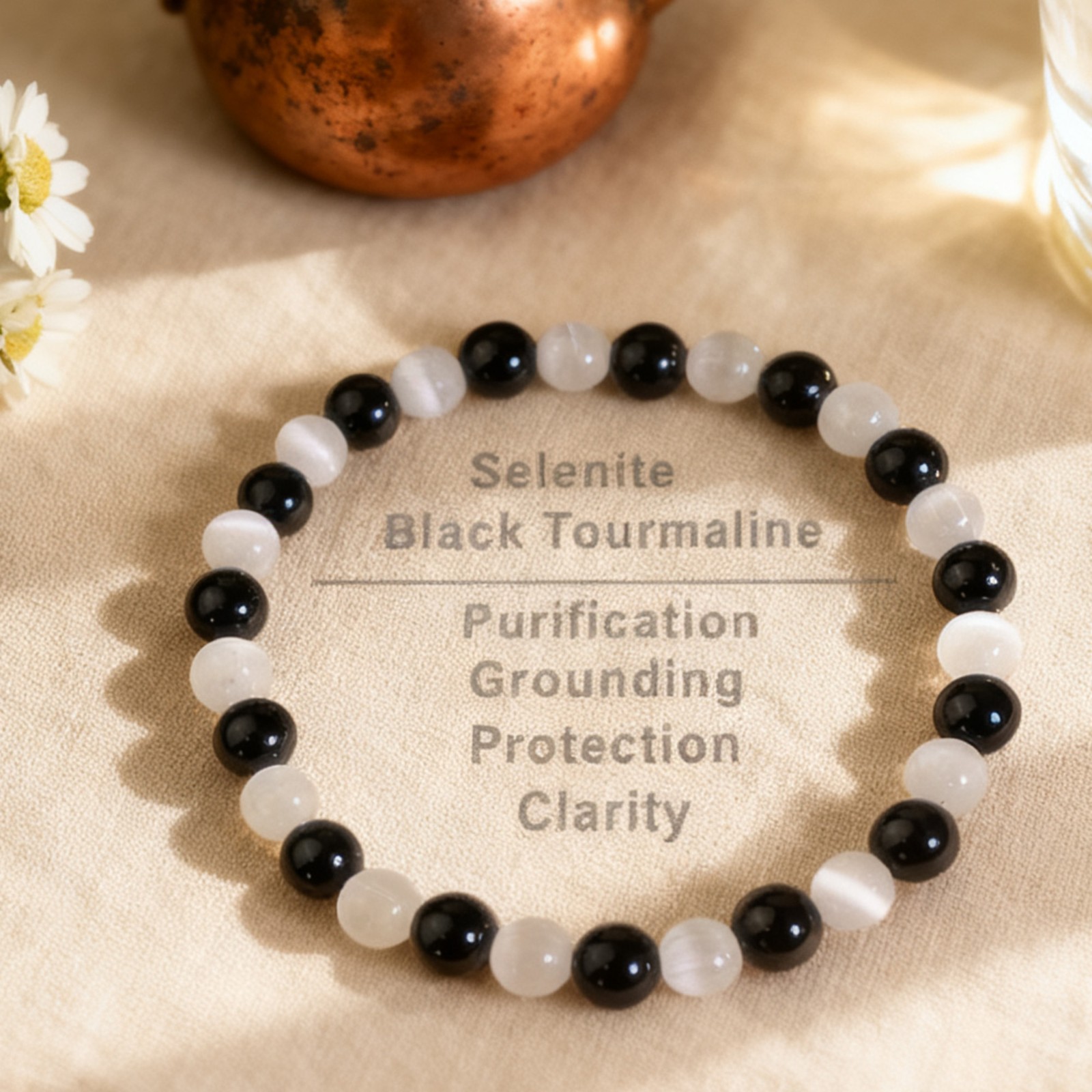 Selenite Tourmaline Stretch Bracelet Natural Black White Gemstone Beads Jewelry