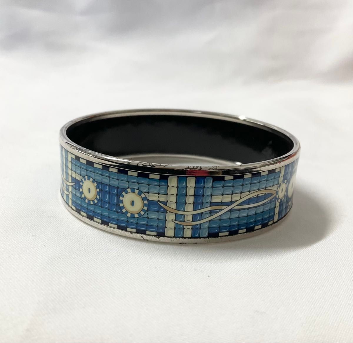 HERMES Cloisonne Enamel Email GM Bangle Bracelet Royal Blue Silver Women