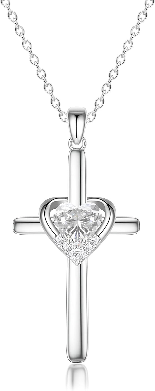 Cross Necklace with Genuine Heart Birthstone for Women, Love and Faith, Birthday