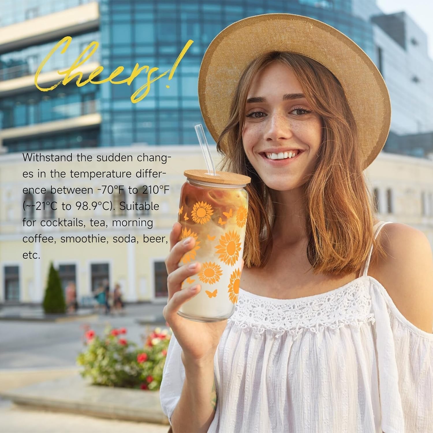 Sunflower Gift Basket for Women, 7pc Sending Sunshine Glass Cup Set