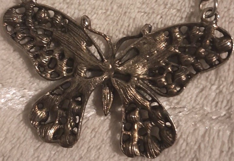Vintage Style Silver Filigree Butterfly Anklet Faux White Opal Rhinestone