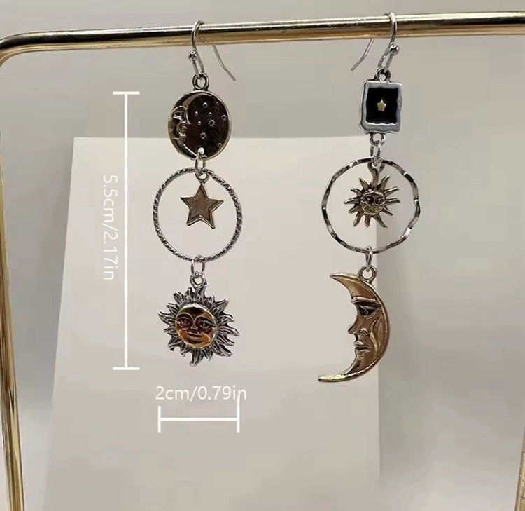 Sun Moon & Stars Dangle / Drop Boutique Style Earrings, Asymmetrical Mixed Metal