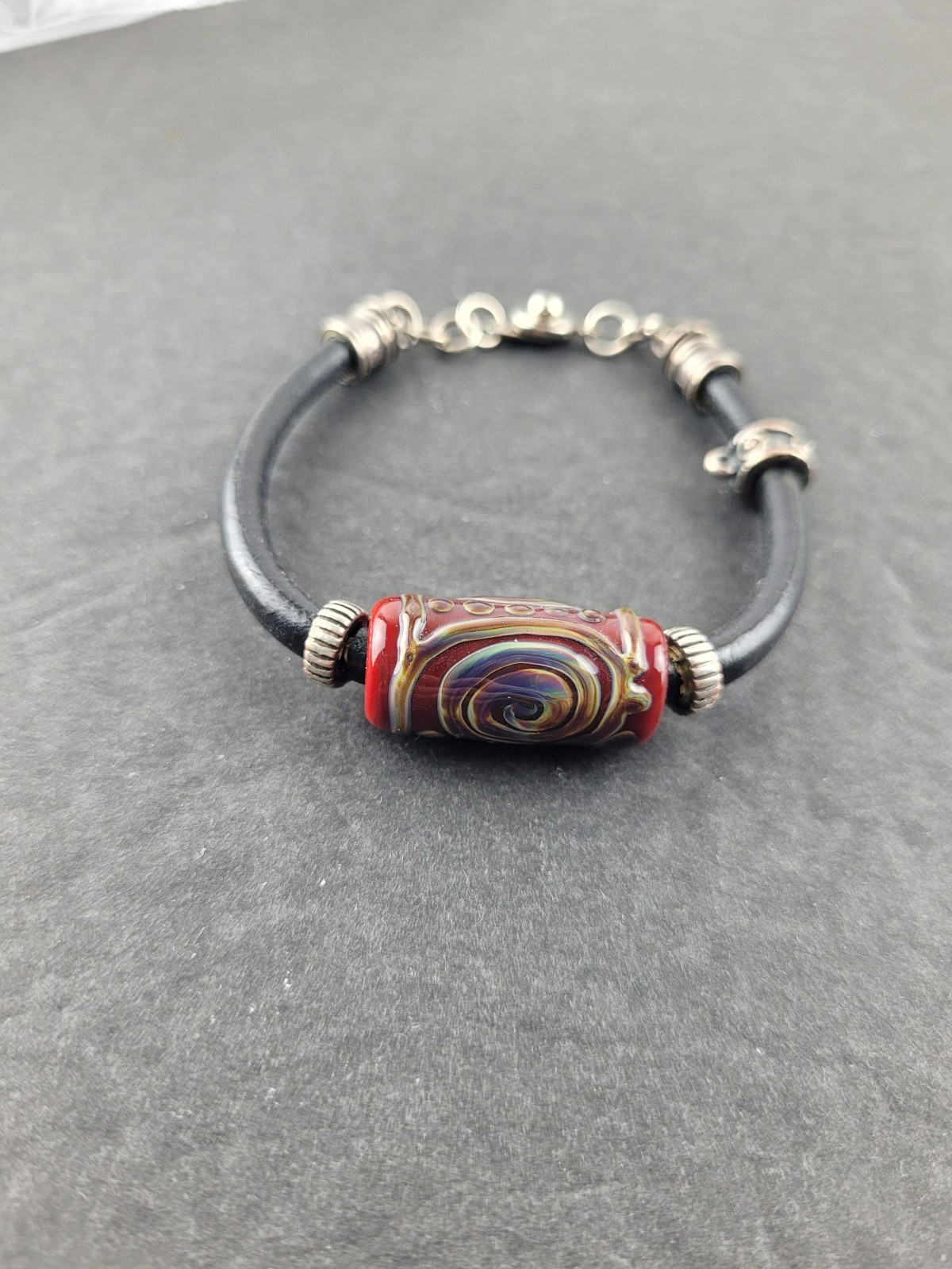 Ceramic Bead Leather Cord Bracelet Unisex Boho Adjustable Size Red Black