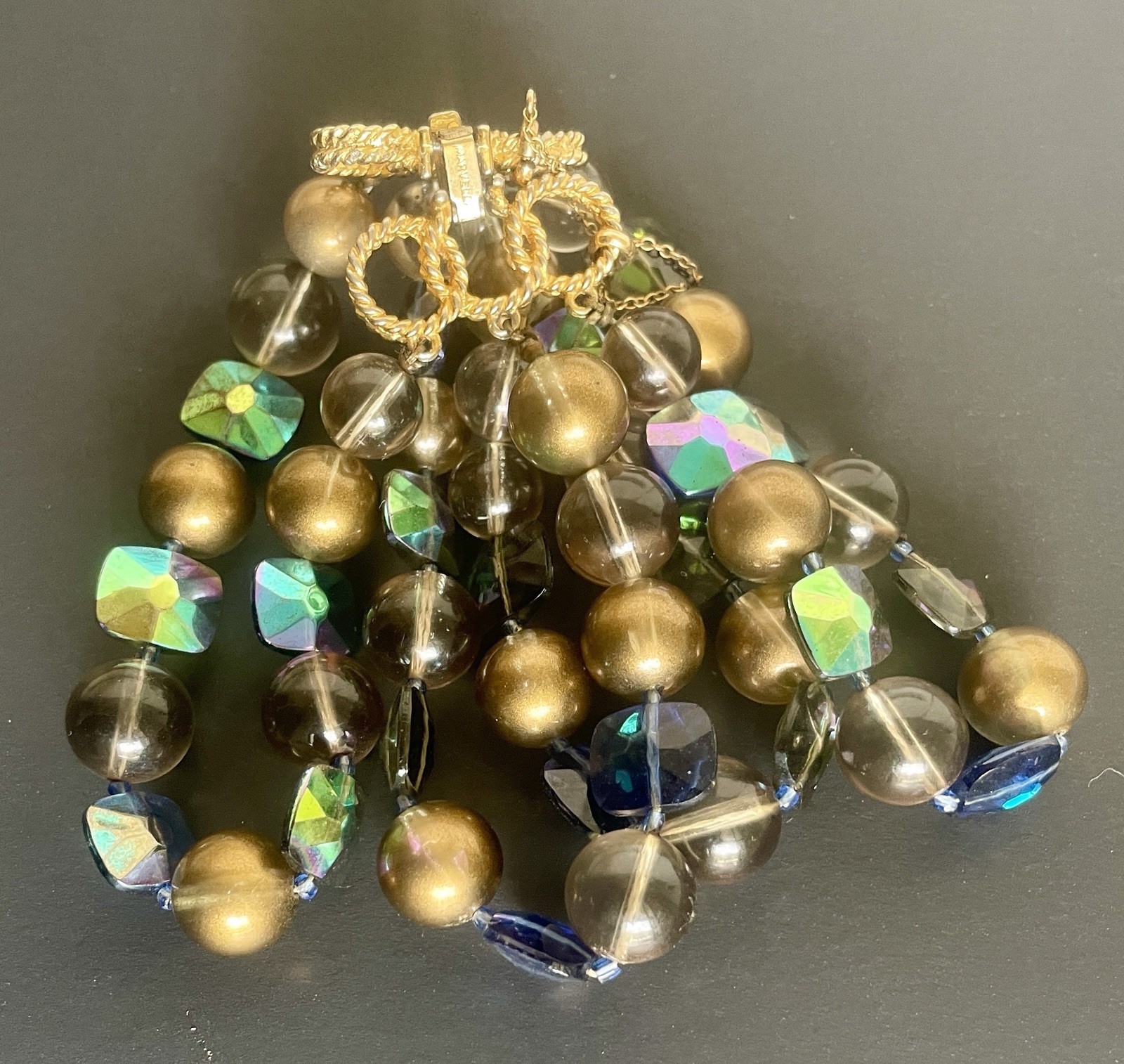 Marcella Multi-Strand Beaded Bracelet Gold Tone Clasp Round Glass AB Blue Green