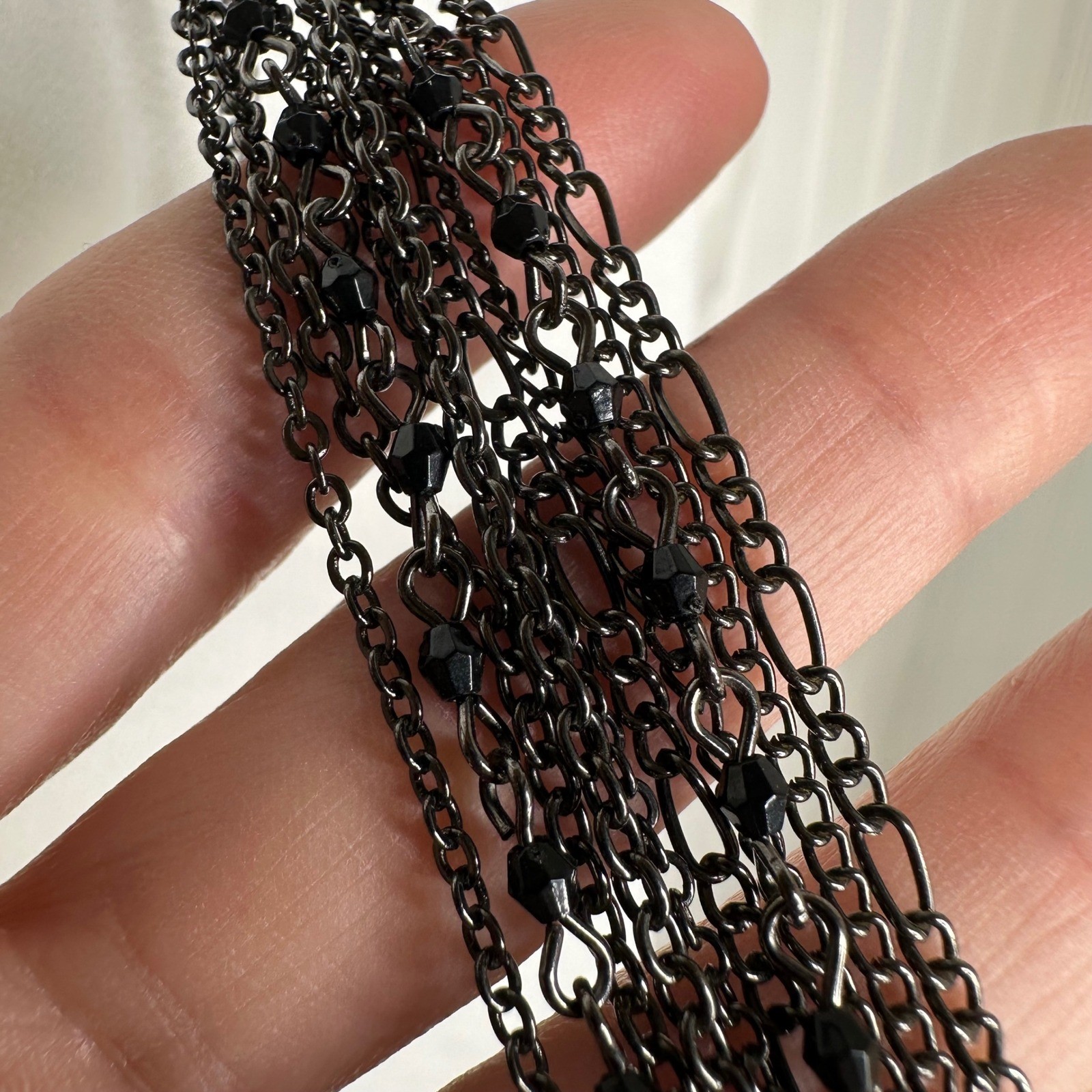 Black Multi Strand Knotted Necklace Beaded Tassel Mixed Chain Adjustable Layered