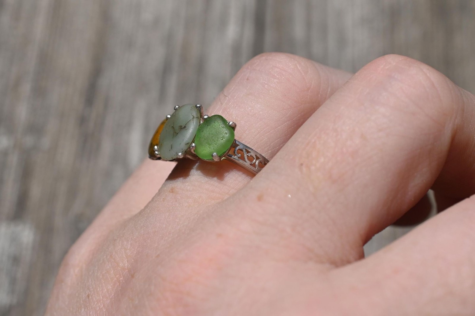 Engagement ring Jasper and green beach glass sterling silver size 3 4 5 6 7 8 9