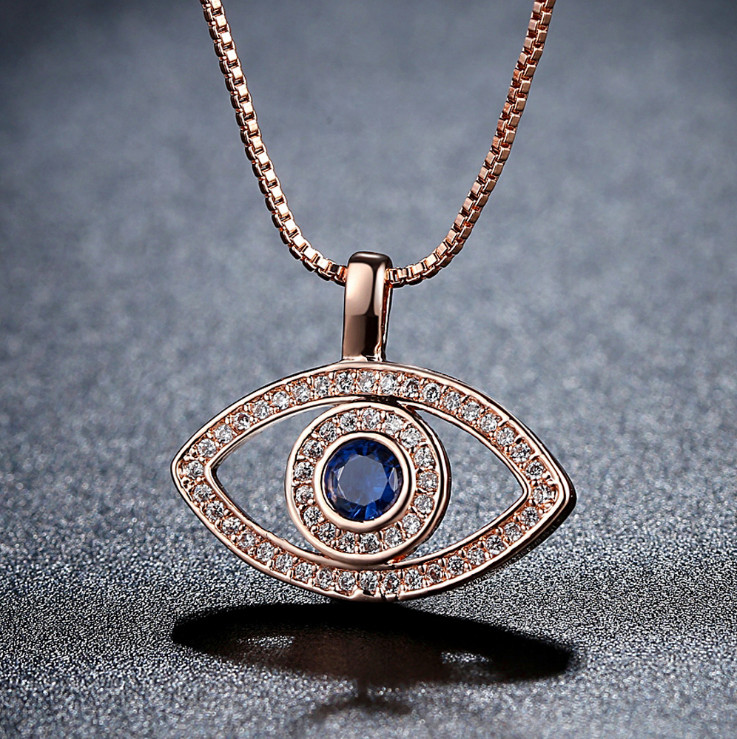 Women White Gold Blue CZ Evil Eye Protection Pendant Necklace Gift Box G7