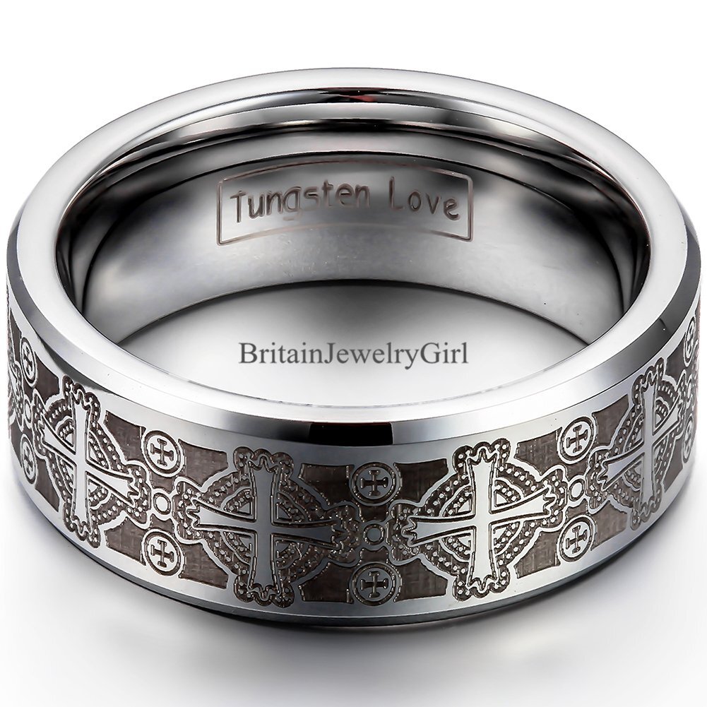 8mmTungsten Carbide Ring Comfort Fit Laser Etched Cross Men Jewelry Wedding Band